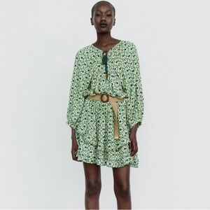 NWOT Zara Green White Ruffle Dress Jute Belt Boho Mini Size XS